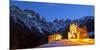 Europe, Italy, Veneto. The parish church of Falcade in the late evening with behind the towers of F-ClickAlps-Mounted Photographic Print