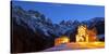 Europe, Italy, Veneto. The parish church of Falcade in the late evening with behind the towers of F-ClickAlps-Stretched Canvas