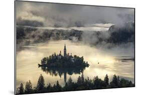 Europe, Slovenia, Bled - A Pletna Boat Arriving At The Island Of Lake Bled During A Foggy Sunrise-Aliaume Chapelle-Mounted Photographic Print