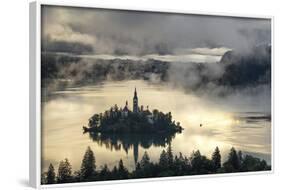 Europe, Slovenia, Bled - A Pletna Boat Arriving At The Island Of Lake Bled During A Foggy Sunrise-Aliaume Chapelle-Framed Photographic Print