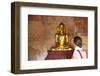 European Tourist Looking at Golden Buddha Statue in Bagan, Myanmar-Harry Marx-Framed Photographic Print
