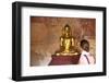 European Tourist Looking at Golden Buddha Statue in Bagan, Myanmar-Harry Marx-Framed Photographic Print