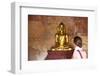 European Tourist Looking at Golden Buddha Statue in Bagan, Myanmar-Harry Marx-Framed Photographic Print