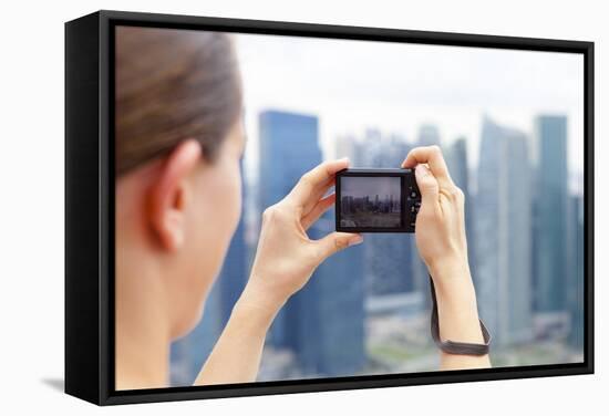 European Tourist Taking a Picture of Singapore Skyline-Harry Marx-Framed Stretched Canvas