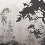 Foggy Landscape with Silhouette of Forest, Pine Trees and Deer, Brown Tones-eva_mask-Art Print