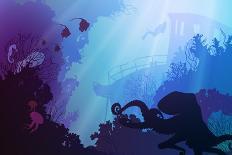 Silhouette of Underwater Marine Life and Octopus in the Foreground. Wreck and Diver in the Backgrou-eva_mask-Art Print
