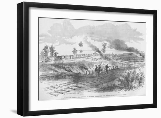 Evacuation of Corinth, Mississippi by Railroad Tracks; Burning of Warehouses-Frank Leslie-Framed Art Print