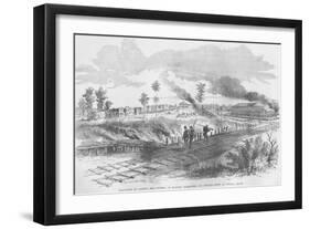 Evacuation of Corinth, Mississippi by Railroad Tracks; Burning of Warehouses-Frank Leslie-Framed Art Print