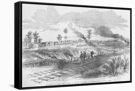 Evacuation of Corinth, Mississippi by Railroad Tracks; Burning of Warehouses-Frank Leslie-Framed Stretched Canvas