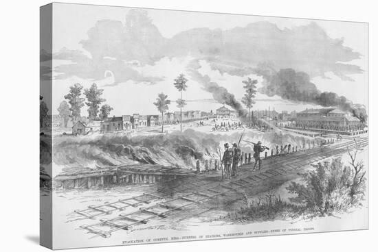 Evacuation of Corinth, Mississippi by Railroad Tracks; Burning of Warehouses-Frank Leslie-Stretched Canvas