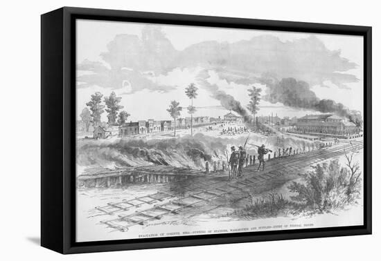 Evacuation of Corinth, Mississippi by Railroad Tracks; Burning of Warehouses-Frank Leslie-Framed Stretched Canvas
