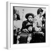 Evacuees of Japan Awaiting Turn for Baggage Inspection upon Arrival at Assembly Center During WWII-Dorothea Lange-Framed Photographic Print