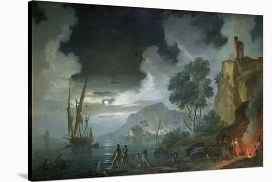 Evening, a Capriccio of a Moonlit Mediterranean Bay-Charles Francois Lacroix de Marseille-Stretched Canvas