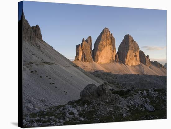 Evening at Tre Cime di Lavaredo, Sexten Dolomites nature reserve, Italy-Michael Jaeschke-Stretched Canvas