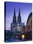 Evening, Cologne Cathedral and Hohenzollern Bridge, Cologne, Rhineland-Westphalia, Germany-Walter Bibikow-Stretched Canvas