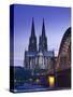 Evening, Cologne Cathedral and Hohenzollern Bridge, Cologne, Rhineland-Westphalia, Germany-Walter Bibikow-Stretched Canvas