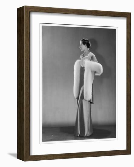 Evening Dress: an Evening Jacket in Rosalba Red Silk Trimmed with Blue Fox Fur by Jodelle of Paris-null-Framed Art Print