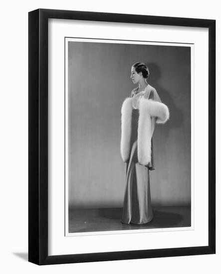Evening Dress: an Evening Jacket in Rosalba Red Silk Trimmed with Blue Fox Fur by Jodelle of Paris-null-Framed Art Print