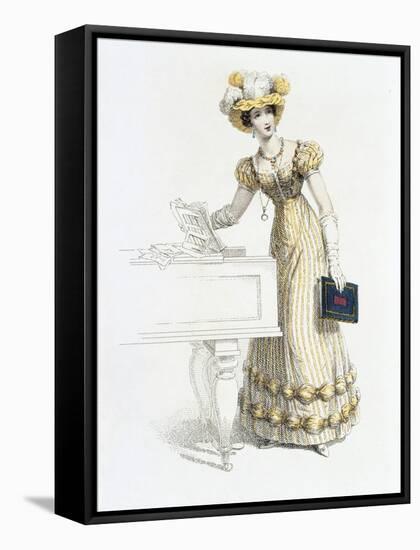 Evening Dress, Fashion Plate from Ackermann's Repository of Arts (Coloured Engraving)-English-Framed Stretched Canvas