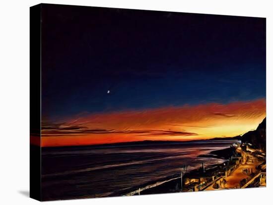 Evening Italian Coast Landscape View. Orange Sunset and Dark Sky. Big Size Oil Painting Fine Art. M-AnnArtModern-Stretched Canvas