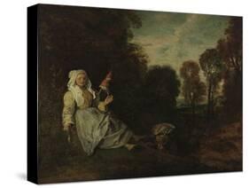 Evening Landscape with Spinner, Ca 1715-Jean Antoine Watteau-Stretched Canvas