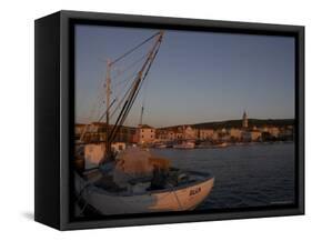 Evening Light in Supetar, with Fishing Boat in Front, Brac, Dalmatian Coast, Croatia-Joern Simensen-Framed Stretched Canvas