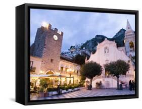 Evening, Piazza Ix Aprile, Torre Dell Orologio, Church of San Giuseppe, Taormina, Sicily, Italy-Martin Child-Framed Stretched Canvas