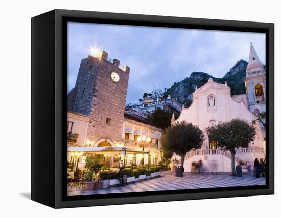 Evening, Piazza Ix Aprile, Torre Dell Orologio, Church of San Giuseppe, Taormina, Sicily, Italy-Martin Child-Framed Stretched Canvas