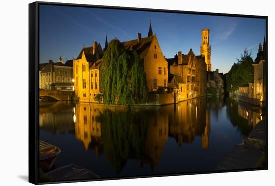 Evening reflections on Rozenhoedkaai, with Belfry (Belfort) Tower, UNESCO World Heritage Site, Brug-Peter Barritt-Framed Stretched Canvas