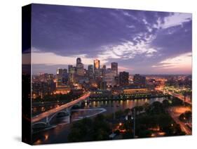 Evening Skyline Scene from St. Anthony Main, Minneapolis, Minnesota-Walter Bibikow-Stretched Canvas