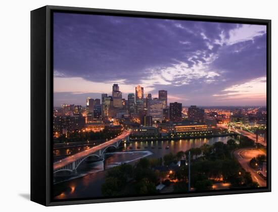 Evening Skyline Scene from St. Anthony Main, Minneapolis, Minnesota-Walter Bibikow-Framed Stretched Canvas