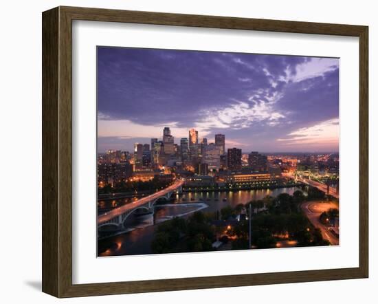 Evening Skyline Scene from St. Anthony Main, Minneapolis, Minnesota-Walter Bibikow-Framed Photographic Print