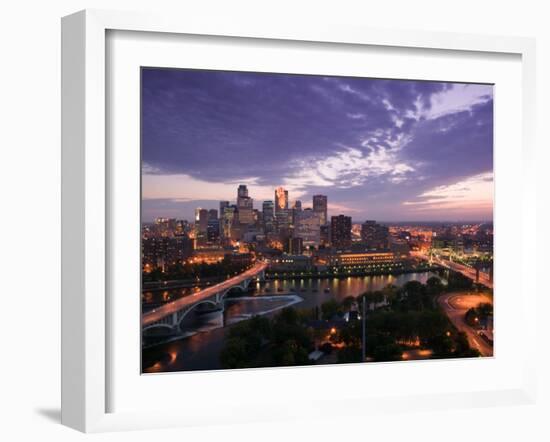 Evening Skyline Scene from St. Anthony Main, Minneapolis, Minnesota-Walter Bibikow-Framed Photographic Print