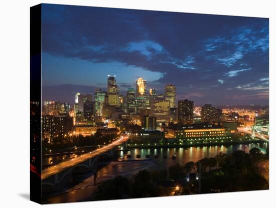 Evening Skyline Scene from St. Anthony Main, Minneapolis, Minnesota-Walter Bibikow-Stretched Canvas