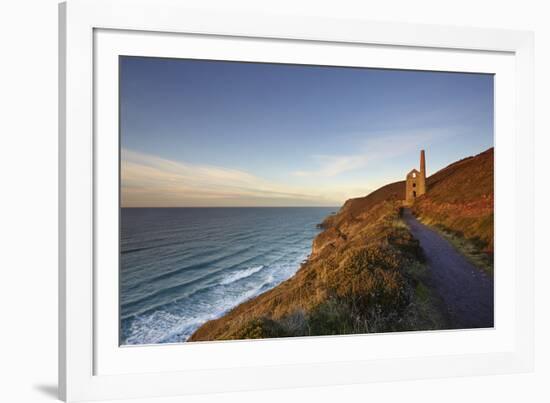 Evening sunlight on the ruins of a tin mine, on the Atlantic coast of Cornwall-Nigel Hicks-Framed Photographic Print