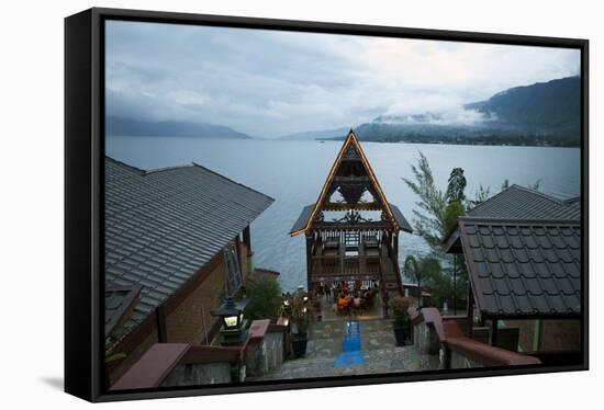 Evening View across Lake Toba from Batak Toba Style Hotel on Samosir Island-Annie Owen-Framed Stretched Canvas