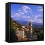 Evening View Across Rooftops and Church Tower to Mountains, Lumio, Near Calvi, Corsica, France-Ruth Tomlinson-Framed Stretched Canvas