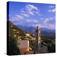 Evening View Across Rooftops and Church Tower to Mountains, Lumio, Near Calvi, Corsica, France-Ruth Tomlinson-Stretched Canvas