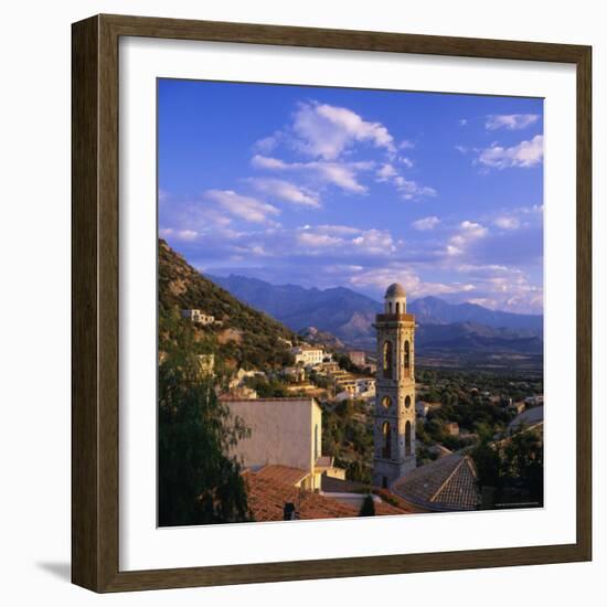 Evening View Across Rooftops and Church Tower to Mountains, Lumio, Near Calvi, Corsica, France-Ruth Tomlinson-Framed Photographic Print