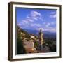 Evening View Across Rooftops and Church Tower to Mountains, Lumio, Near Calvi, Corsica, France-Ruth Tomlinson-Framed Photographic Print