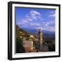 Evening View Across Rooftops and Church Tower to Mountains, Lumio, Near Calvi, Corsica, France-Ruth Tomlinson-Framed Photographic Print