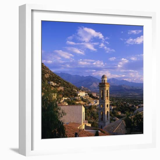 Evening View Across Rooftops and Church Tower to Mountains, Lumio, Near Calvi, Corsica, France-Ruth Tomlinson-Framed Photographic Print