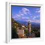 Evening View Across Rooftops and Church Tower to Mountains, Lumio, Near Calvi, Corsica, France-Ruth Tomlinson-Framed Photographic Print