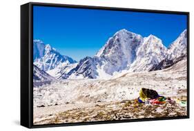 Everest Peak with prayer flags, Himalayas, Nepal, Asia-Laura Grier-Framed Stretched Canvas