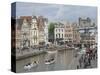 Everyday Scene Along Graslei Bank, Gravensteen Castle Beyond, in Centre of Ghent, Belgium-James Emmerson-Stretched Canvas