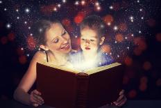 Mother and Child Baby Daughter Reading Magic Book in Dark-evgeny atamanenko-Art Print