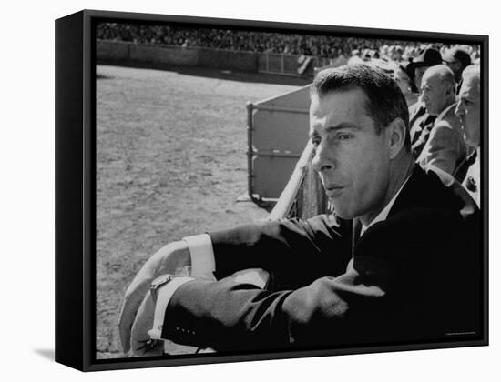 Ex Yankee Baseball Player Joe DiMaggio, Leaning over Rail Watching 3rd Game of the World Series-Grey Villet-Framed Stretched Canvas