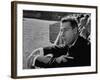 Ex Yankee Baseball Player Joe DiMaggio, Leaning over Rail Watching 3rd Game of the World Series-Grey Villet-Framed Premium Photographic Print