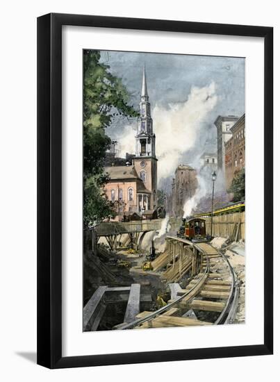 Excavating Park Street Subway Station, Boston, 1896-null-Framed Premium Giclee Print