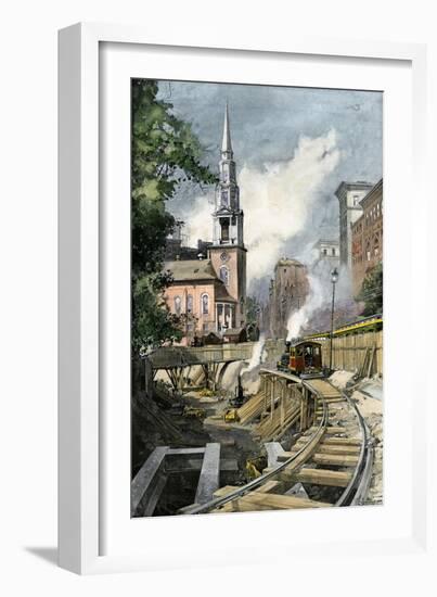 Excavating Park Street Subway Station, Boston, 1896-null-Framed Premium Giclee Print